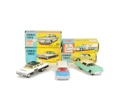 A Corgi Toys 443 Plymouth U.S Mail Car, VG, 214 Ford Thunderbird Hardtop, pale green body, cream top, flat spun hubs, VG-E, 4