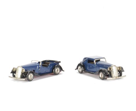 Tri-ang Minic Clockwork Tinplate Vauxhall Cars,  17M Vauxhall Tourer and 19M Vauxhall Cabriolet, both blue, VG, together with