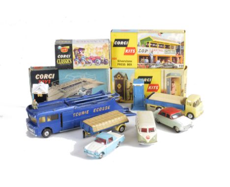 Corgi Toys, 1401 Elevating Service Ramp, 9021 Daimler (1910), 602 Corgi Kits AA & RAC Telephone Boxes, in original boxes, emp