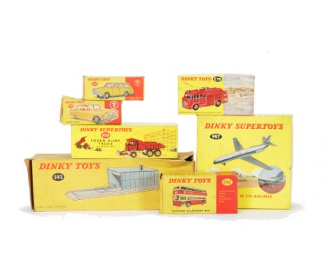 Boxed Dinky Toys, French Dinky 502 Individual Garage, 959 Foden Dump Truck, 276 Airport Fire Tender, 292 Leyland Atlantean Bu
