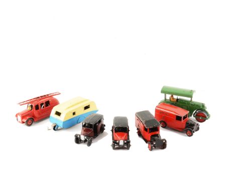 Dinky Toys Small Commercial Vehicles, 36g Taxi with driver (2), one red body, one maroon, both black ridged hubs, 36b Royal M