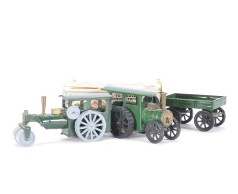 Tri-ang Minic Clockwork Tinplate Steam Roller and Traction Engine, 33M green Steam Roller with plastic wheels, in remains of 