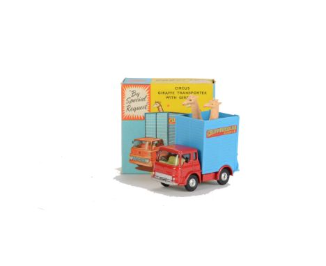 A Corgi Toys 503 Chipperfields Circus Giraffe Transporter, red/blue Bedford TK, spun hubs, 2 Giraffes, in original box, E, a 