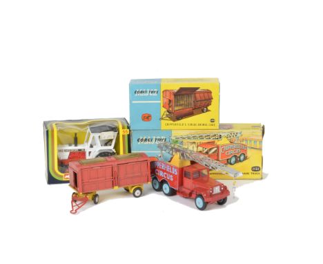 A Corgi Toys 55 David Brown 1412 Tractor, E, 1121 Chipperfield's Circus Crane Truck, VG-E, 1123 Chipperfield's Circus Animal 