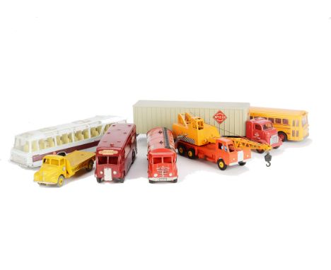 Dinky Toys Large Commercial Vehicles, 952 Vega Major Luxury Coach, 949 Wayne School Bus, black lines/rear bumper, 972 Coles L