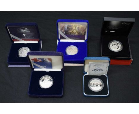 Five Royal Mint silver proof presentation Crown or five pound coin packs to include Queen Mother 2000, Entente Cordiale 2004,