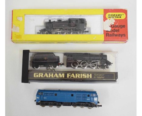 Three N gauge 'British Railways' trainset locomotives comprising; Graham Farish, Lima, and Hornby Minitrix (3)