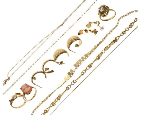 Collection of gold and yellow metal jewellery, to include shell cameo '9ct' ring, pearl-set 9ct gold ring, and a stone-set ri