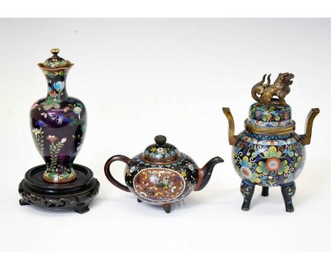 Three items of cloisonné enamel, comprising a lidded Chinese-form incense burner, the domed cover with seated Dog of Fo finia