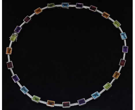 Multi-gem set 18ct white gold necklace, a total twenty-four rectangular step cut gemstones, amethyst, garnet, citrine, perido