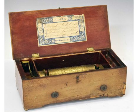 Late 19th century mahogany-cased cylinder musical box, the 5.5-inch barrel with complete steel comb playing four airs, listed
