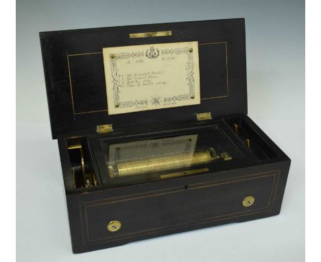 Late 19th century Swiss four-air musical box, the cylinder playing on one-piece comb, no.391 to card, 33cm x 16cm x 12cm high