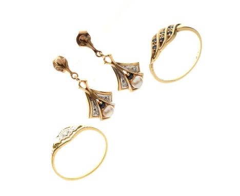 9ct gold sapphire dress ring, size N, together with a yellow metal diamond set dress ring, size O½, and a pair of 9ct gold sa