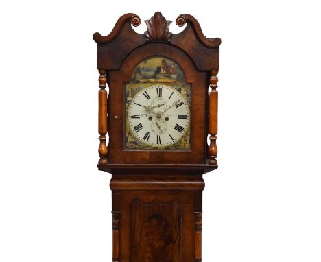 Mid 19th century 8-day mahogany cased longcase clock, W. Buxton, Bishop Auckland, 32cm break-arch painted Roman dial with two