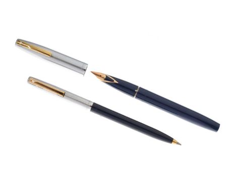 Sheaffer Imperial 440 fountain pen and ballpoint pen in navy blue and brushed steel finish, the fountain pen nib stamped '14k