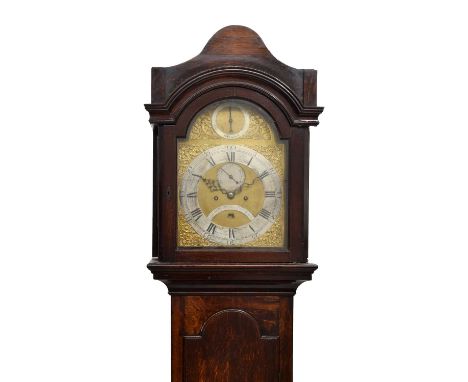 George III oak-cased 8-day brass dial longcase clock, the 12-inch break-arched brass dial (circa 1790-1800) having a silver c
