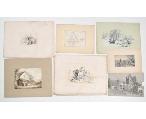 Portfolio of late 19th / early 20th century watercolours including; four pencil portrait studies, study of a sailing boat, an