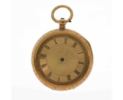 Early 20th century 18K yellow metal pocket watch, the Roman chapter ring surrounding engraved centre, key wind movement, 37mm
