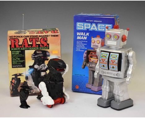 Chinese battery operated Space Walk Man, together with a Tomy R.A.T.S. (Robot-Anti-Terror-Squad) Spit-Fire &amp; Spy-Bird, bo