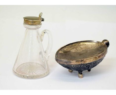 George V silver mounted whisky noggin, Birmingham 1923, 10.5cm high, together with a carved coconut cup decorated with figure