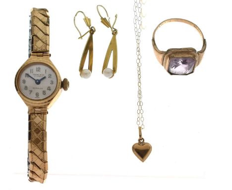 Small group of jewellery comprising pearl 9ct gold drop earrings, heart-shaped locket on fine chain, stamped '375', yellow me