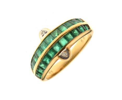 Emerald and diamond 18ct yellow gold ring, two rows each containing eleven carré cut emeralds, channel set, small round brill