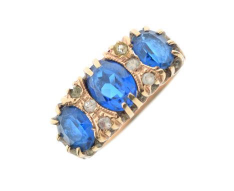 Dress ring set three oval blue stones and six white stones, stamped '9ct GOLD', size P approx (a/f), 4.6g gross approx