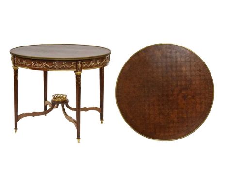 19th century French kingwood and parquetry centre table, the circular chequerboard parquetry top within broad crossbanding an