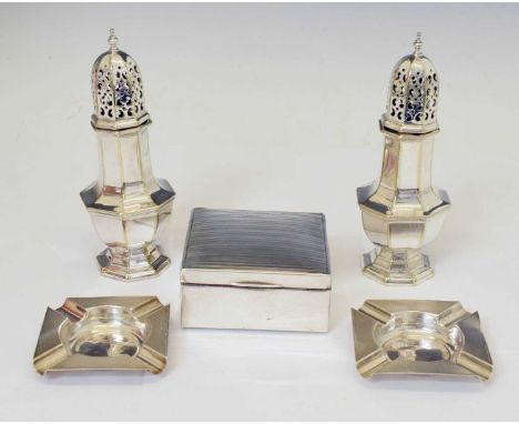 Pair of silver ashtrays with engine-turned decoration, London 1934 &amp; 1939, 70g approx, a George V silver table-top box, B