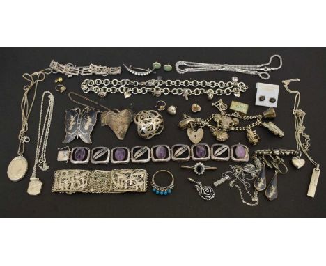 Silver jewellery to include amethyst continental silver panel bracelet stamped 800, Thai niello silver earrings and brooch, s
