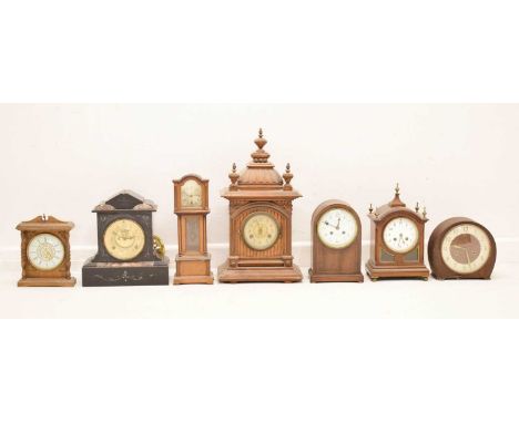 Group of assorted mantel clocks, comprising: a miniature 'longcase' clock, 34.5cm high, black slate and rouge marble mantel c