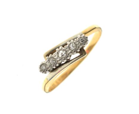 Five-stone crossover diamond ring, the single cut diamonds illusion set in white metal, the yellow metal shank stamped '18ct 