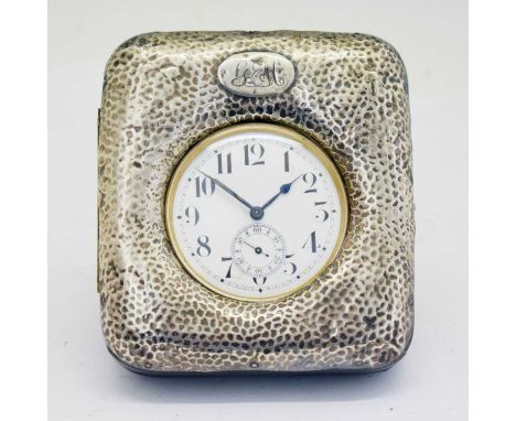 George V silver fronted easel desk clock case, Birmingham, 1910, with nickel cased 'goliath' pocket watch, having a white Rom