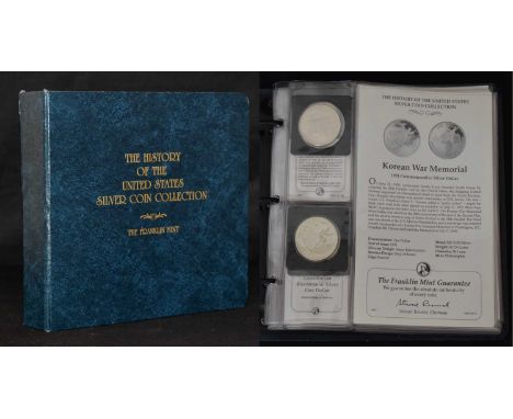 Franklin Mint 'The History of the United States Silver Coin Collection', including Morgan dollar 1898, Peace dollar 1923, etc