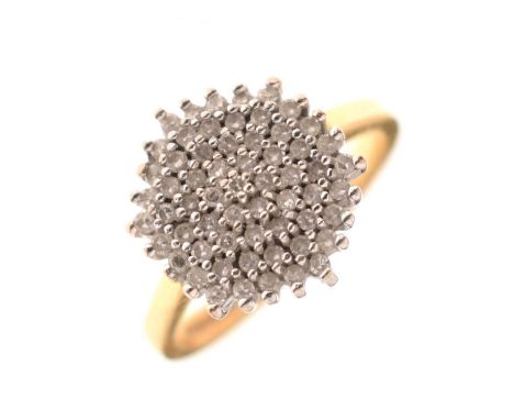 Diamond five tier 18ct yellow gold cluster ring, small single cut diamonds, tapered shoulders, ring size M½, weight approx 5.
