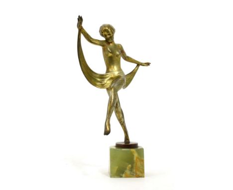 Josef Lorenzl (Austrian, 1892-1950), A silvered and cold-painted bronze figure, circa 1925, modelled as a nude dancer, with s