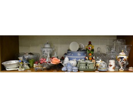 A collection of Wedgwood Jasper ware, Worcester flower models, Murano and other glass, Halcyon Days enamel trinket box etc 