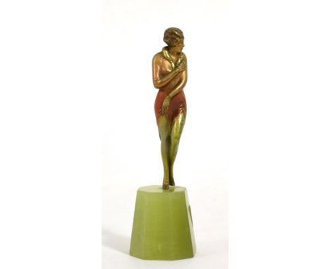 Josef Lorenzl (1892-1950), A cold-painted bronze figure, circa 1925, modelled as a woman, on a green onyx base, signed in the