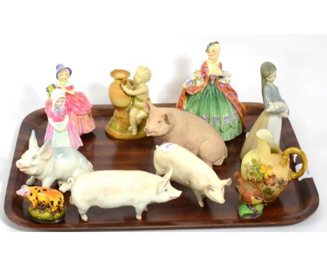 Two Beswick pig; Ch. Wall Boy; and Ch. Wall Queen; another Beswick pig; Royal Worcester figural spill vase; Royal Doulton fig