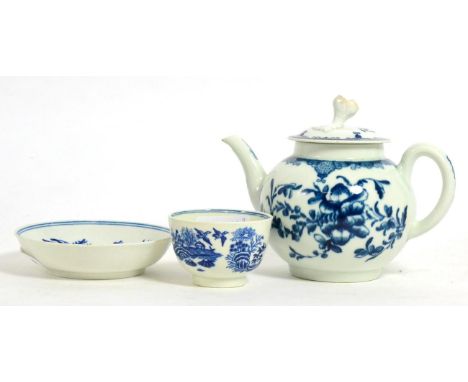 First period Worcester blue and white teapot and cover (a.f.) and a tea bowl and saucer 