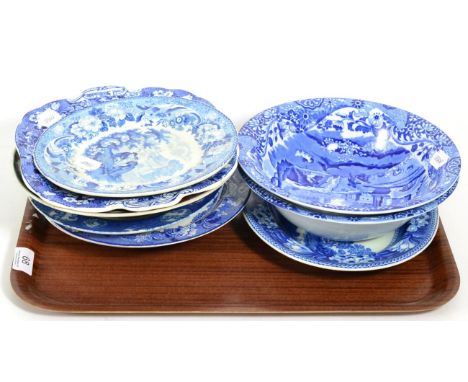 A Japanese Imari dish with two Japanese blue and white dishes; together with a collection of English blue and white transfer 