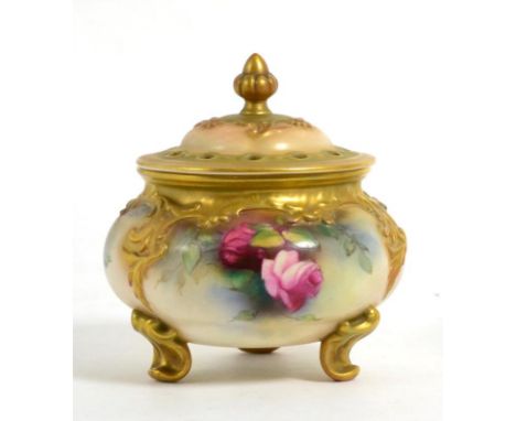 A Royal Worcester porcelain potpourri vase, painted with roses 
