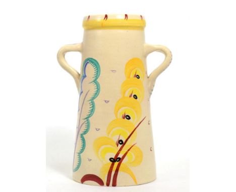 A Susie Cooper Studio twin-handled vase, painted with stylised flowers and leaves, in shades of yellow, green, purple, red an