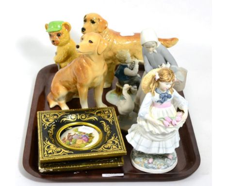 Ceramics including a Lladro group (a.f.), Coalport china figure, Melba ware dogs etc 