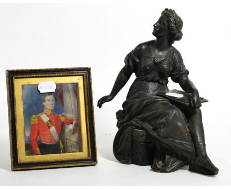 A Victorian bronze figure of a woman, representative of the arts, and a 19th century miniature portrait on ivory depicting a 