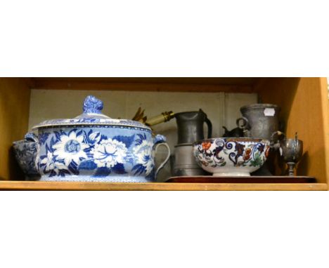 A silver trophy cup (a.f.), a porcelain table lamp and a group of 19th century blue and white ceramics (qty)