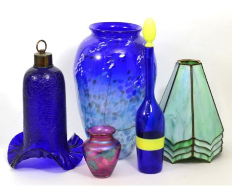 A Venini decanter, blown blue and yellow glass, signed VENINI MURANO ITALIA, 37cm; a set of four green slag glass hexagonal s