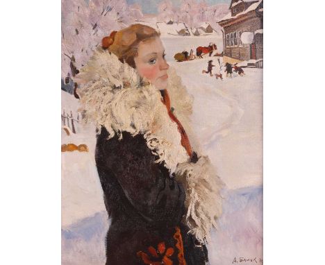 Andrei Bliok (Russian b.1946)Half-length portrait of a lady in a fur coat, in a winter scenesigned in Cyrillic and dated ’79 