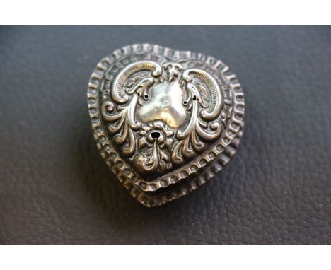 Silver trinket pot with hinged lid in the form of a heart, repousse scroll decoration, makers Adie & Lovekin Ltd, Birmingham 