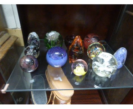 Collection of Twelve Glass Paperweights including Millrace Glass Holmfirth, Caithness, Wedgwood, 